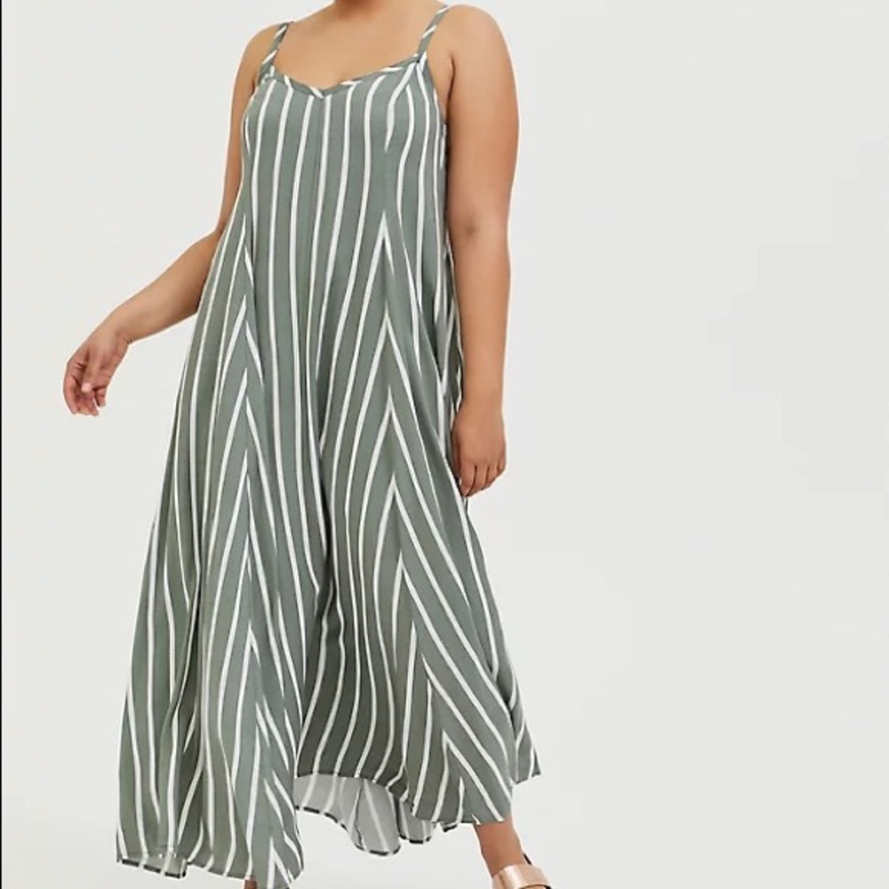 (D23) Light Olive Green Stripe Challis Trapeze Maxi Dress